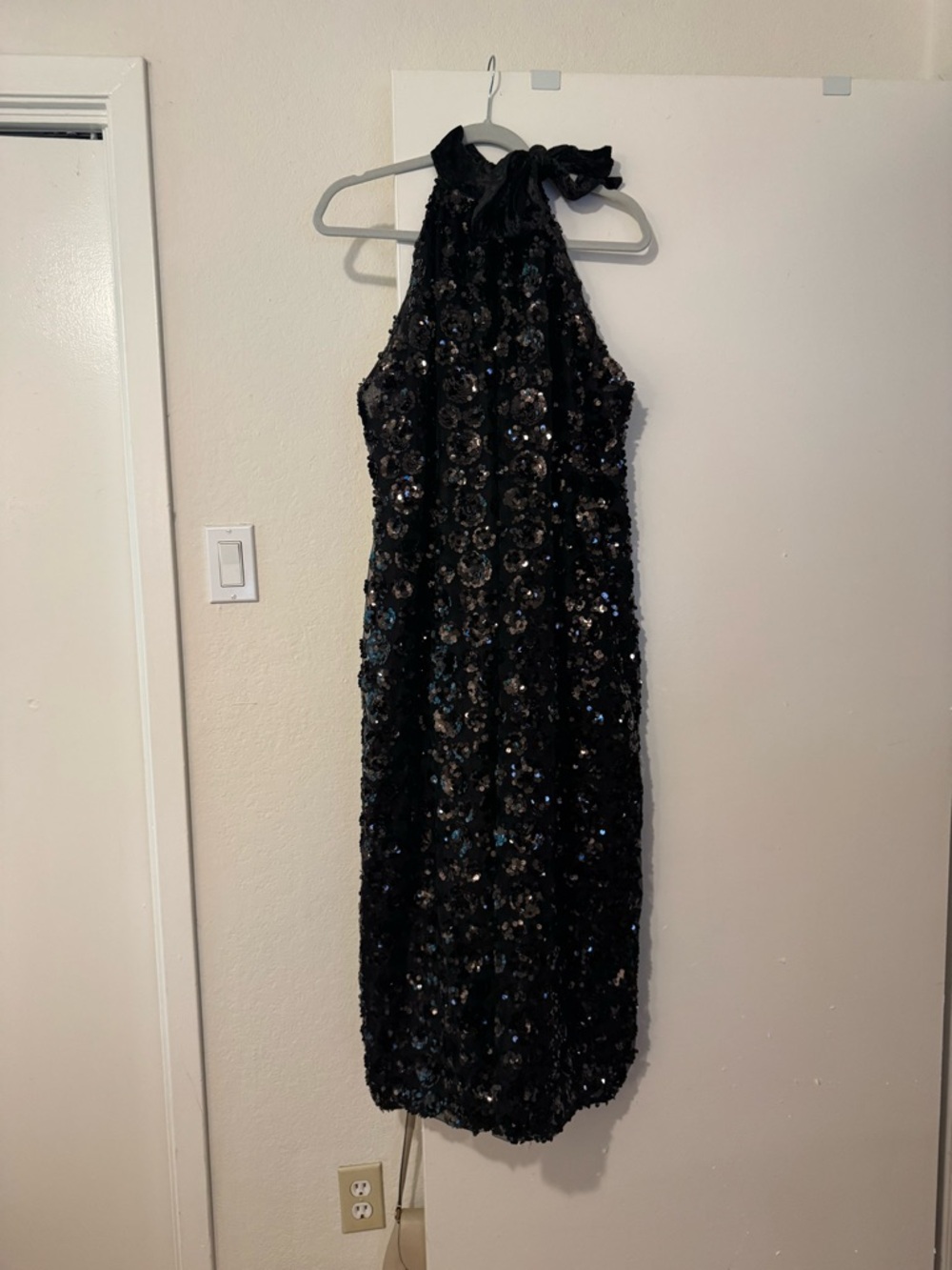 Victoria Dunn Black Sequin Halter Top with Tie Neck